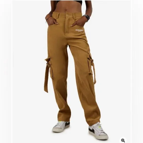 Sixth June Utility Corduroy Pants Sz XL Brown Large Pockets Side Straps Festival - Picture 1 of 9